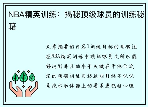 NBA精英训练：揭秘顶级球员的训练秘籍